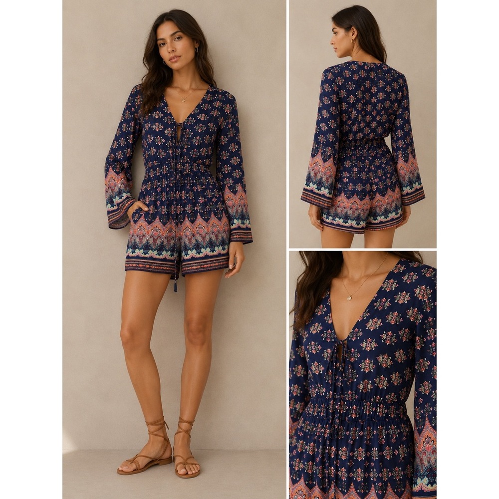 Romeo + Juliet Couture Womens Navy‎ Blue Paisley Lace Up Romper Size M P111